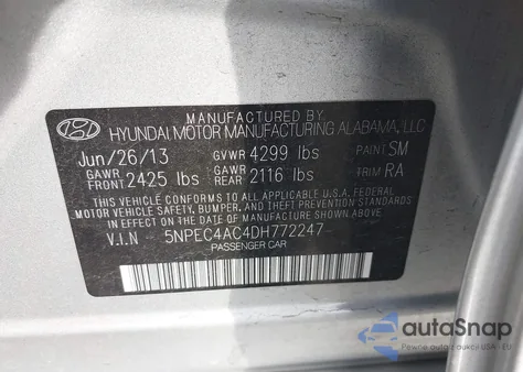 2013 Hyundai Sonata Se из США, поврежденный, VIN 5NPEC4AC4DH772247